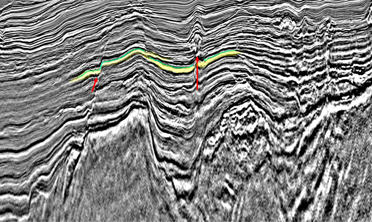 Figure 3 Raw Repro FWI image highlighting a ponded fan draped over an underlying structural high offshore Liberia, charged by migration along faults